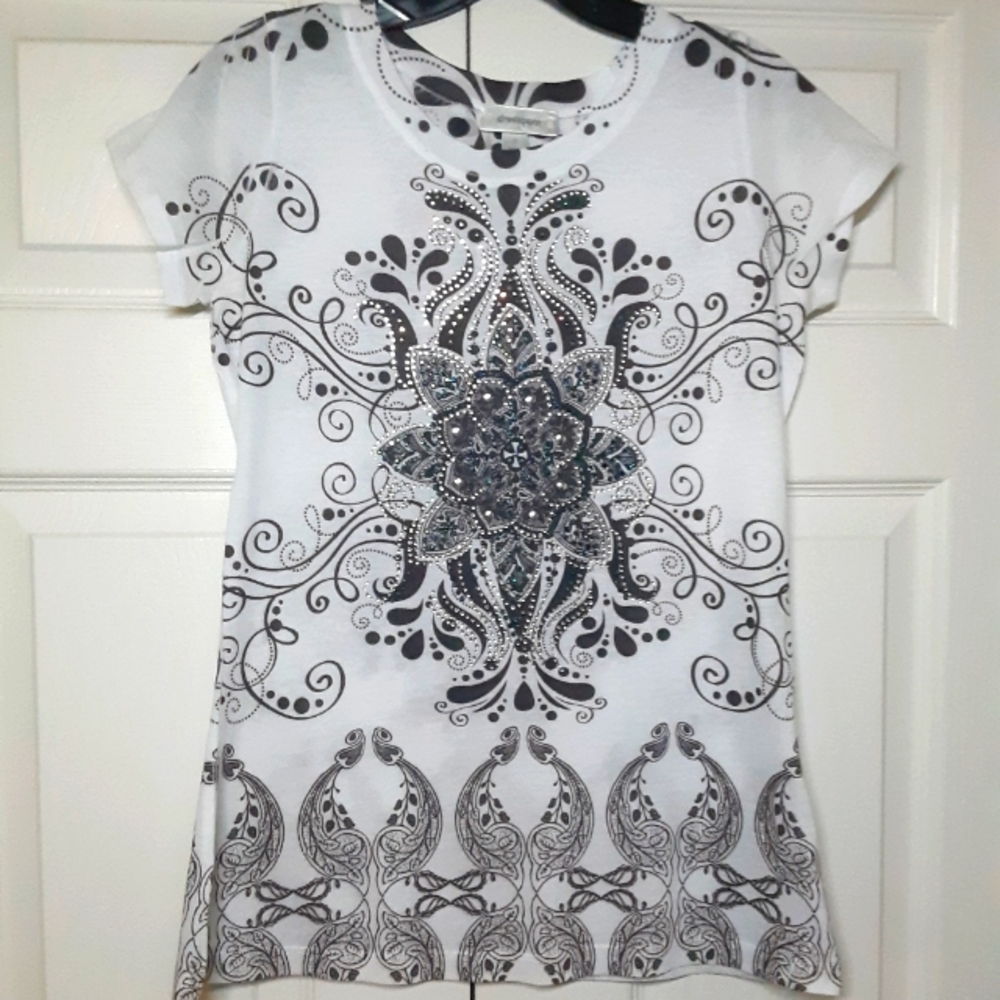 Turquoise sequined white dress barn shirt with mandala womens size small